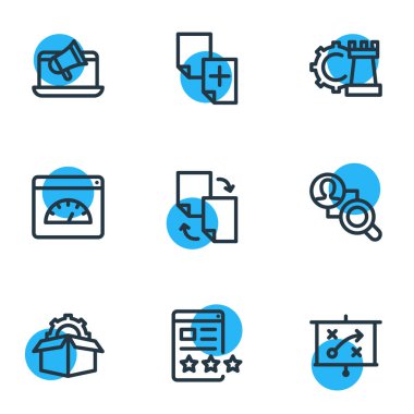 Vektör çizim simgeler çizgi stili reklam 9. Düzenlenebilir küme yinelenen içerik, oyun geliştirme, rakip analizi ve diğer simge öğeleri.