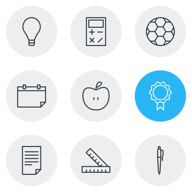 9 eğitim simgeler çizgi stili vektör Illustration. Hesap makinesi, elma, cetveller ve diğer simge öğeleri düzenlenebilir kümesi.