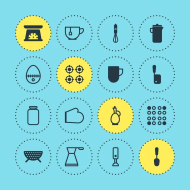 16 mutfak eşyaları simgeler vektör Illustration. Sürahi, yumurta bölünmüş, elektrikli soba ve diğer simge öğeleri düzenlenebilir kümesi.