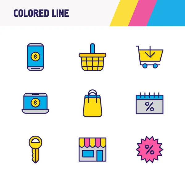 Illustration vectorielle de 9 icônes de trading ligne colorée. Ensemble modifiable d'e-commerce, de vente, de sac à provisions et d'autres éléments d'icône . — Image vectorielle