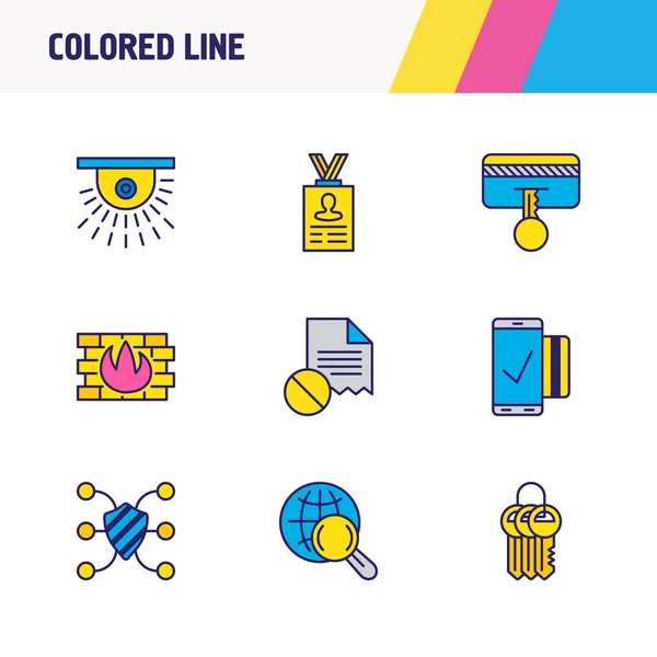 Ilustración vectorial de 9 iconos de seguridad de línea de color. Conjunto editable de transacciones móviles, información personal, búsqueda segura y otros elementos del icono . — Archivo Imágenes Vectoriales