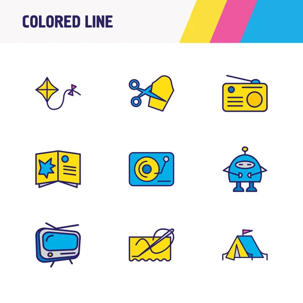 Vektoros illusztráció 9 tevékenységek ikonok színes vonal. Szerkeszthető kemping sátor, kite, tv és egyéb ikon készlet. — Stock Vector