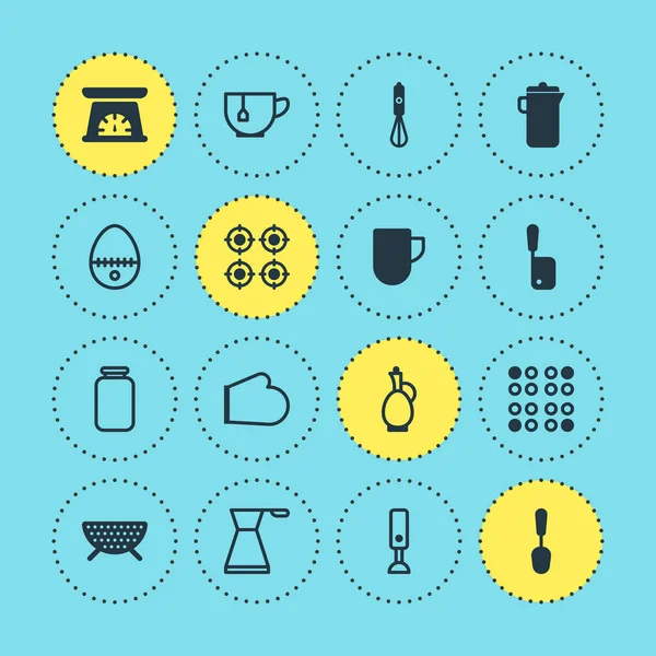 Ilustración vectorial de 16 iconos de utensilios de cocina. Conjunto editable de decantador, huevo partido, estufa eléctrica y otros elementos del icono . — Archivo Imágenes Vectoriales