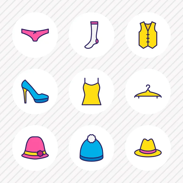 Vektoros illusztráció 9 ruhanemű ikonok színes vonal. Szerkeszthető készlet a mellény, fehérnemű, női kalap és egyéb ikon. — Stock Vector