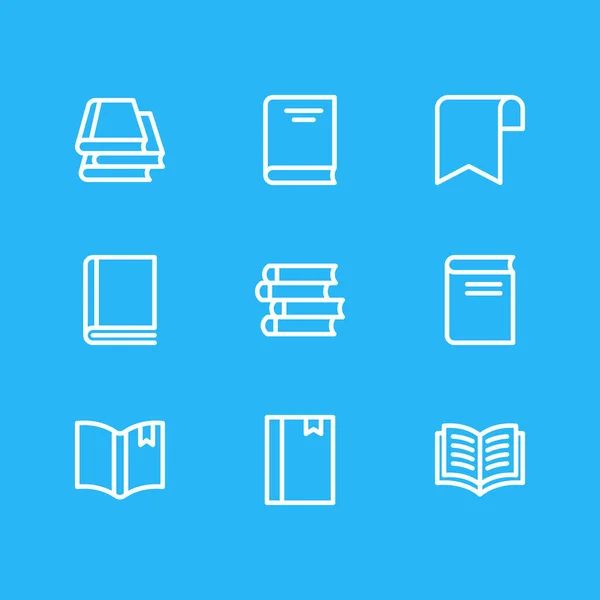 Ilustración vectorial de 9 iconos de libro estilo de línea. Conjunto editable de bloc de notas, novela, copybook y otros elementos del icono . — Archivo Imágenes Vectoriales