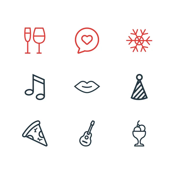 Illustration of 9 party icons line style. Editable set of snowflake, music note, clown cap and other icon elements. — Stock Photo, Image