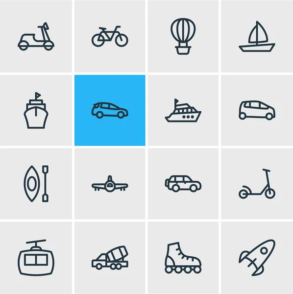 Illustratie van 16 voertuig pictogrammen lijnstijl. Supermini, kick scooter, rolschaatsen en andere elementen van het pictogram bewerkbaar set. — Stockfoto