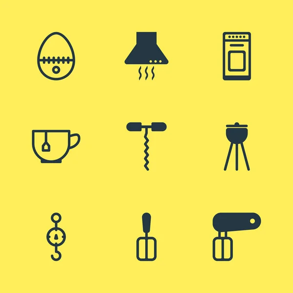 Ilustración de 9 iconos de utensilios de cocina. Conjunto editable de huevo partido, espátula, sacacorchos y otros elementos del icono . —  Fotos de Stock