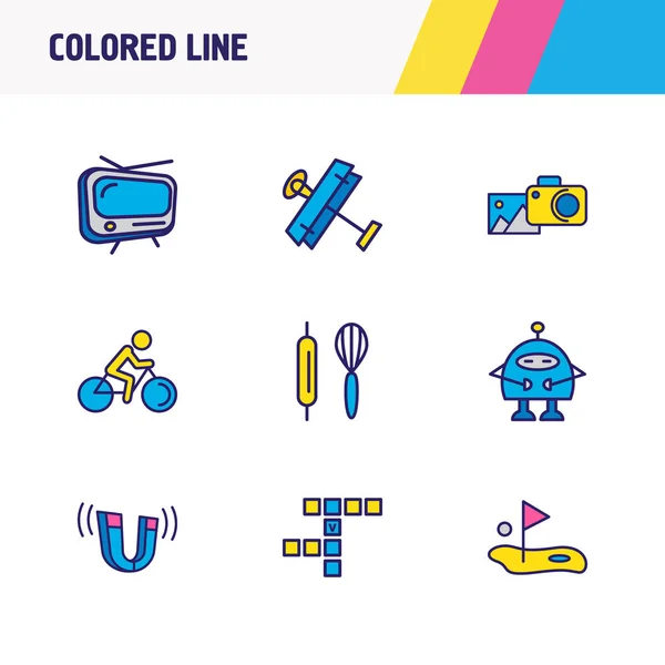 Illustrazione di 9 icone di stile di vita linea colorata. Set modificabile di fotografia, robot, tv e altri elementi iconici . — Foto Stock