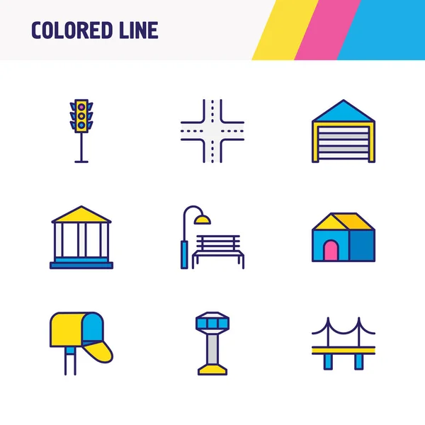 9 nyilvános ikonok színes vonal szemlélteti. Szerkeszthető airport, post box, garázs és egyéb ikon készlet. — Stock Fotó