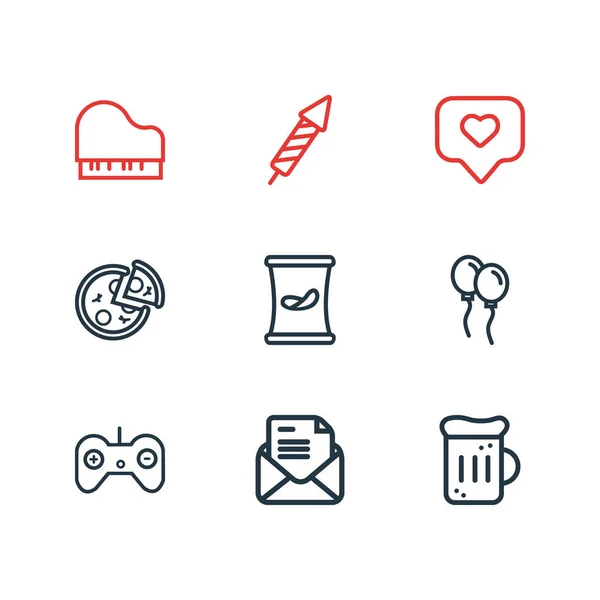 Ilustração de 9 ícones de evento estilo de linha. Conjunto editável de batatas fritas, tag com coração, convite e outros elementos de ícone . — Fotografia de Stock