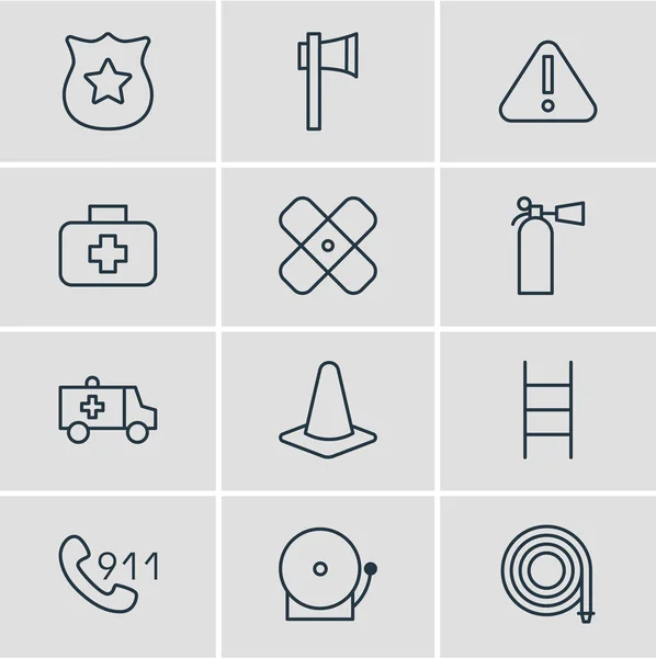 Illustratie van 12 noodzaak pictogrammen lijnstijl. Ambulance, alarm, ladder en andere elementen van het pictogram bewerkbaar set. — Stockfoto
