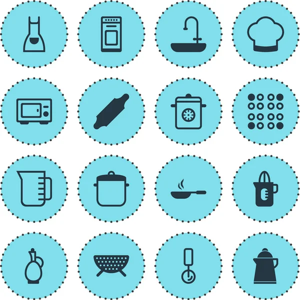 Иллюстрация 16 кулинарных икон. Столовый набор мультиварки, кулинарной шапки, кекса и других иконных элементов . — стоковое фото