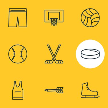 9 fitness simgeler çizgi stili vektör Illustration. Sopa, Üniforma, paten ve diğer simge öğeleri düzenlenebilir kümesi.