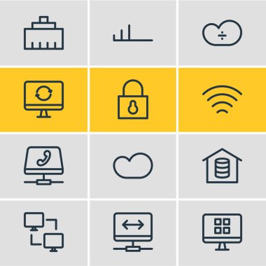 12 ağ kutsal kişilerin resmi çizgi stili vektör Illustration. Güvenlik, wifi, teknoloji ve diğer simge öğeleri düzenlenebilir kümesi.