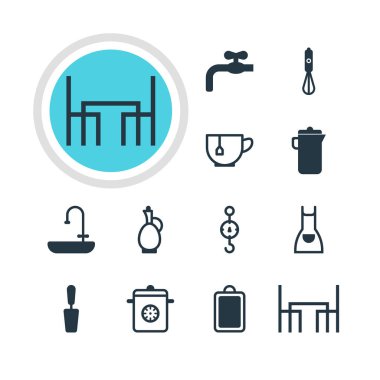 12 simgeleri pişirme vektör Illustration. Multicooker, çay bardağı, ölçekler ve diğer simge öğeleri düzenlenebilir kümesi.