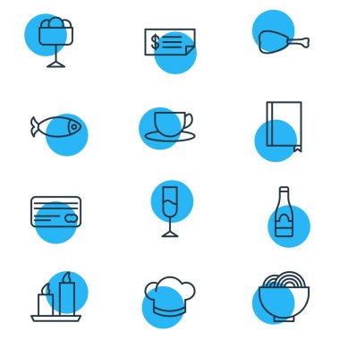 12 restoran simgeler çizgi stili vektör Illustration. Düzenlenebilir dizi aşçı, mum, bardağı simgesi öğeleri.