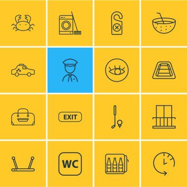 16 otel simgeler çizgi stili vektör Illustration. Düzenlenebilir kontrol dışarı zaman, Çamaşırhane, yengeç ve diğer simge öğeleri kümesi.