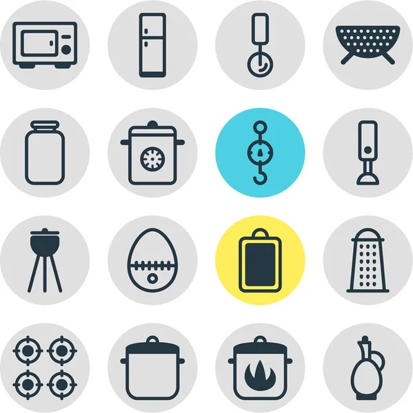 Ilustración vectorial de 16 iconos de cocina. Conjunto editable de huevo partido, tabla de cortar, sartén caliente y otros elementos del icono . — Archivo Imágenes Vectoriales