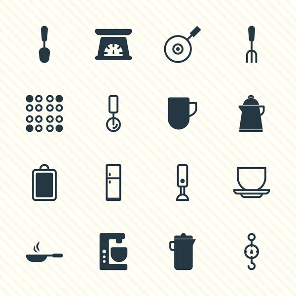 Ilustración vectorial de 16 iconos de cocina. Conjunto editable de taza, sartén, escalas y otros elementos del icono . — Archivo Imágenes Vectoriales