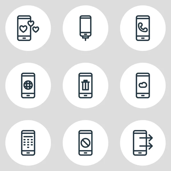 Иллюстрация стиля линии 9 иконок телефона. Редактируемый набор элементов зарядки, блока, мусора и других значков . — стоковое фото