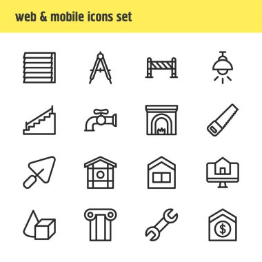 16 inşaat simgeler çizgi stili Illustration. Düzenlenebilir dizi house online, şömine, lamba ve diğer simge öğeleri Al.