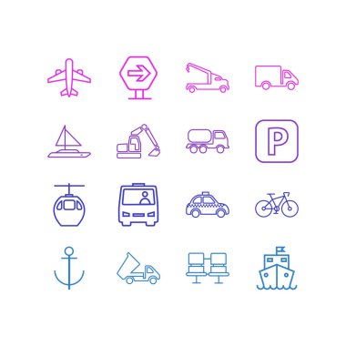 16 ulaşım simgeler çizgi stili Illustration. Kazıcı, yolcu gemisi, damperli kamyon ve diğer simge öğeleri düzenlenebilir kümesi.