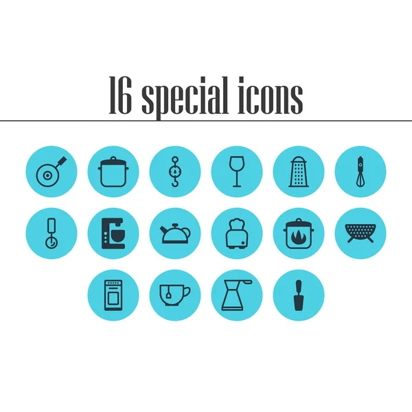 illustration of 16 cooking icons. Editable set of stove, pan, colander icon elements.