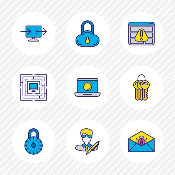 Abbildung von 9 Datenschutzsymbolen farbige Linie. editierbares Set aus starkem Passwort, Virenschutz, Zugriffsverweigerung und anderen Symbolelementen. — Stockfoto