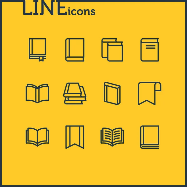 Illustration av 12 boka behandlingen ikoner linjeformat. Redigerbara uppsättning boksamling, häfte, studie och andra ikonen element. — Stockfoto