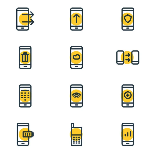 illustration of 12 telephone icons line style. Editable set of weather, wifi, upload and other icon elements.