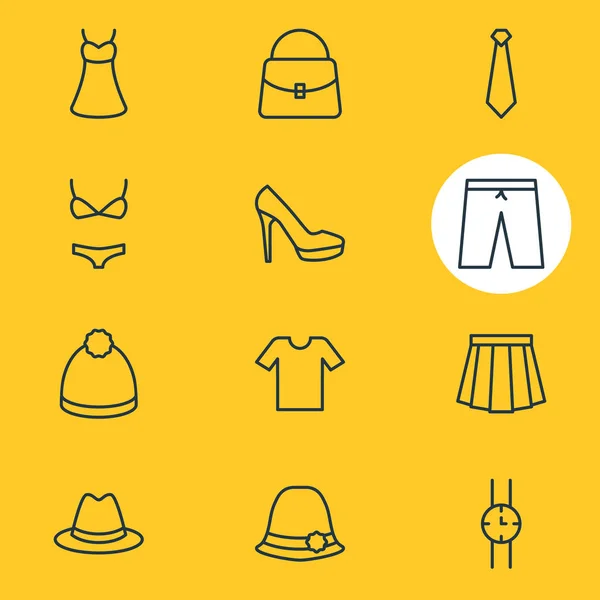 Ilustración de 12 iconos de vestido estilo de línea. Conjunto editable de bolsa, falda, bikini y otros elementos del icono . —  Fotos de Stock