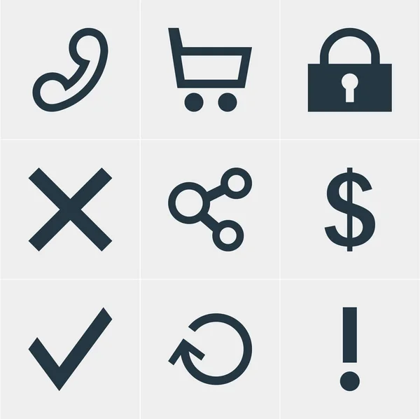 illustration of 9 user icons. Editable set of approve, trading cart, refresh and other icon elements.