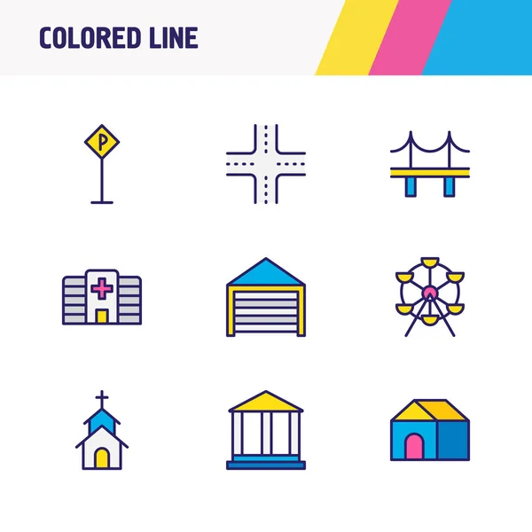 9 nyilvános ikonok színes vonal szemlélteti. Szerkeszthető Akadémia, kórház, körhinta és egyéb ikon készlet. — Stock Fotó
