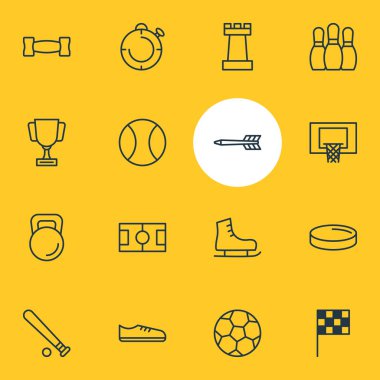 16 atletik simgeler çizgi stili vektör Illustration. Paten, futbol, kettlebell ve diğer simge öğeleri düzenlenebilir kümesi.