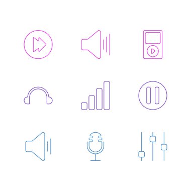 9 müzik simgeleri çizgi stili vektör Illustration. Duraklat, ses, ileri ve diğer simge öğeleri düzenlenebilir kümesi.