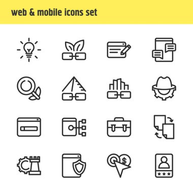 Vektör çizim simgeler çizgi stili pazarlama 16. Taze fikir, oyun geliştirme, doğal bağlantı ve diğer simge öğeleri düzenlenebilir kümesi.