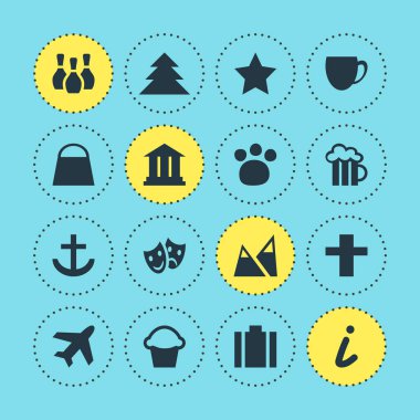 16 yerde simgeler vektör Illustration. Pub, liman, kafe ve diğer simge öğeleri düzenlenebilir kümesi.