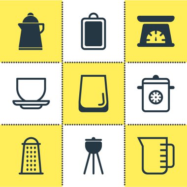 9 restoran simgeler vektör Illustration. Su cam, kesme tahtası, mutfak terazisi ve diğer simge öğeleri düzenlenebilir kümesi.