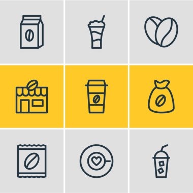 9 içki simgeler çizgi stili vektör Illustration. Latte, arabica bakla, çuval ve diğer simge öğeleri düzenlenebilir kümesi.