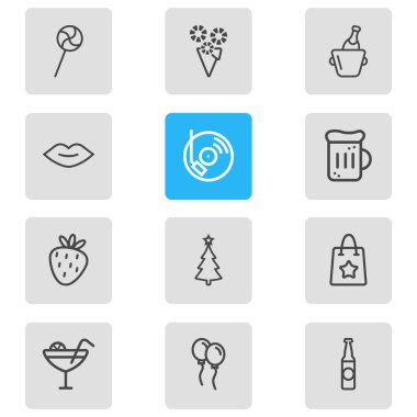 12 parti simgeler çizgi stili vektör Illustration. Şarap şişesi, bira şişesi, balon ve diğer simge öğeleri düzenlenebilir kümesi.