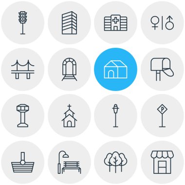 16 simgeler çizgi stili vektör Illustration. Ağaç, kilise, trafik ışığı ve diğer simge öğeleri düzenlenebilir kümesi.