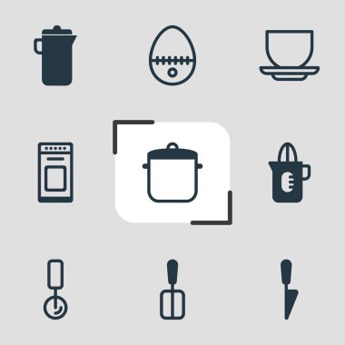 9 mutfak eşyaları simgeler vektör Illustration. Pizza kesici, yumurta bölünmüş, kupa ve diğer simge öğeleri düzenlenebilir kümesi.