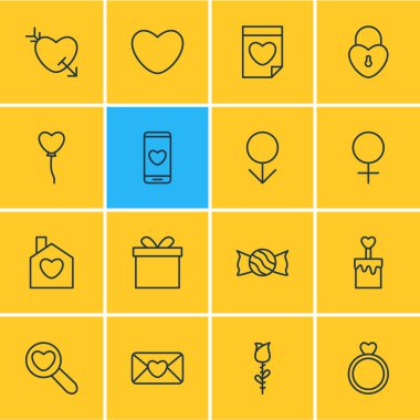 16 amour simgeler çizgi stili vektör Illustration. Posta, soyunma, ev ve diğer simge öğeleri düzenlenebilir kümesi.