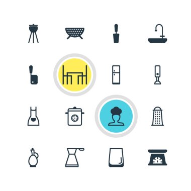 16 restoran simgeler vektör Illustration. Rende, önlük, ot ve diğer simge öğeleri düzenlenebilir kümesi.