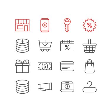 16 simgeler çizgi stili ticaret vektör Illustration. Çanta, sepet, askı ve diğer simge öğeleri düzenlenebilir kümesi.