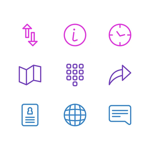 Ilustración vectorial de 9 iconos de la comunidad estilo de línea. Conjunto editable de reloj, flecha, voz y otros elementos del icono . — Archivo Imágenes Vectoriales