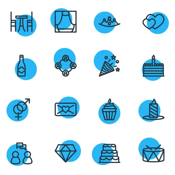 Ilustración vectorial de 16 iconos de eventos estilo línea. Conjunto editable de correo, confeti, diamante y otros elementos del icono . — Archivo Imágenes Vectoriales