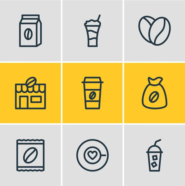 Ilustración vectorial de 9 iconos de bebidas estilo línea. Conjunto editable de café con leche, haba árabe, saco y otros elementos del icono . — Archivo Imágenes Vectoriales