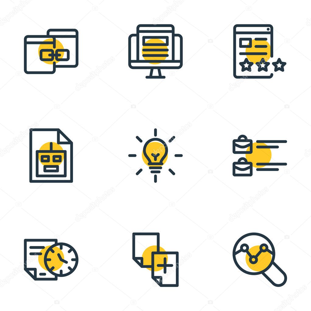 Vector illustration of 9 advertising icons line style. Editable set of traffic analyze, jobs open, related content and other icon elements.